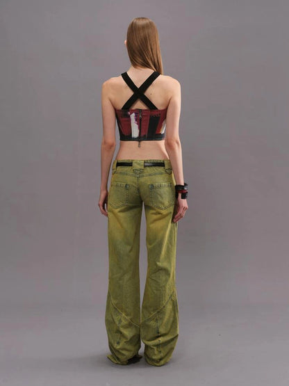 Outmode Vintage Washed Green High Waisted Flared Jeans