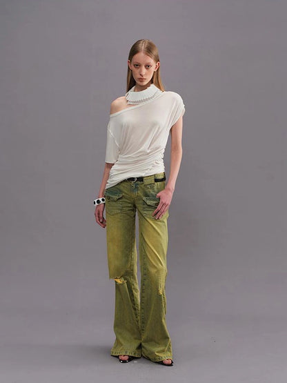 Outmode Vintage Washed Green High Waisted Flared Jeans