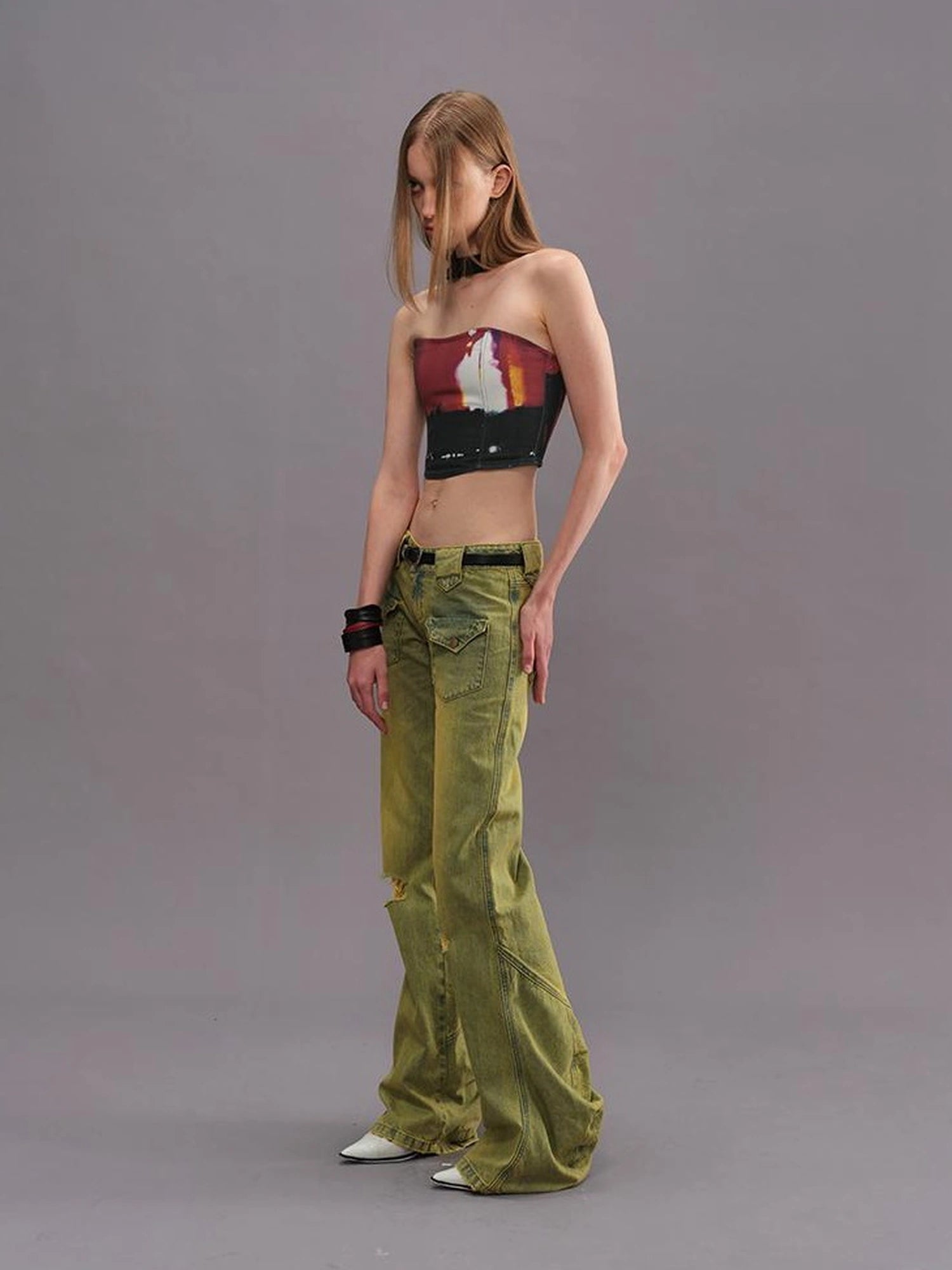 Outmode Vintage Washed Green High Waisted Flared Jeans