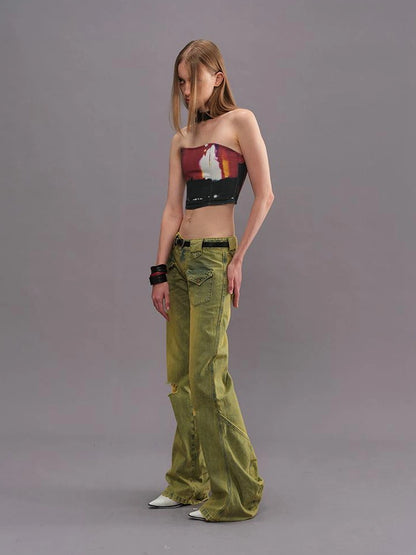 Outmode Vintage Washed Green High Waisted Flared Jeans