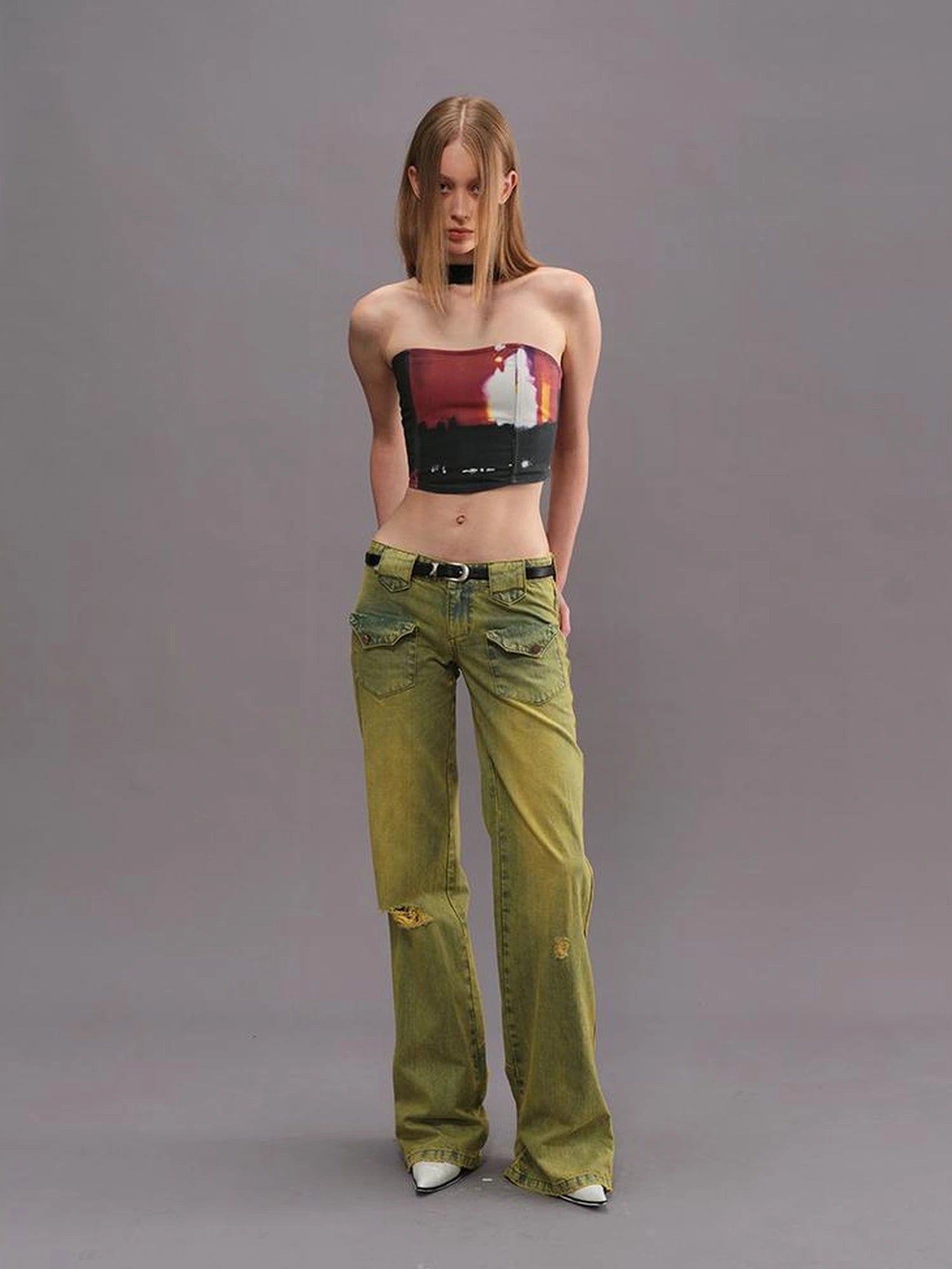 Outmode Vintage Washed Green High Waisted Flared Jeans