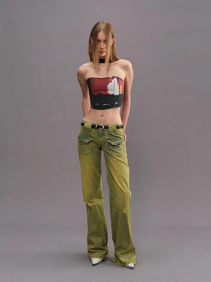 Outmode Vintage Washed Green High Waisted Flared Jeans