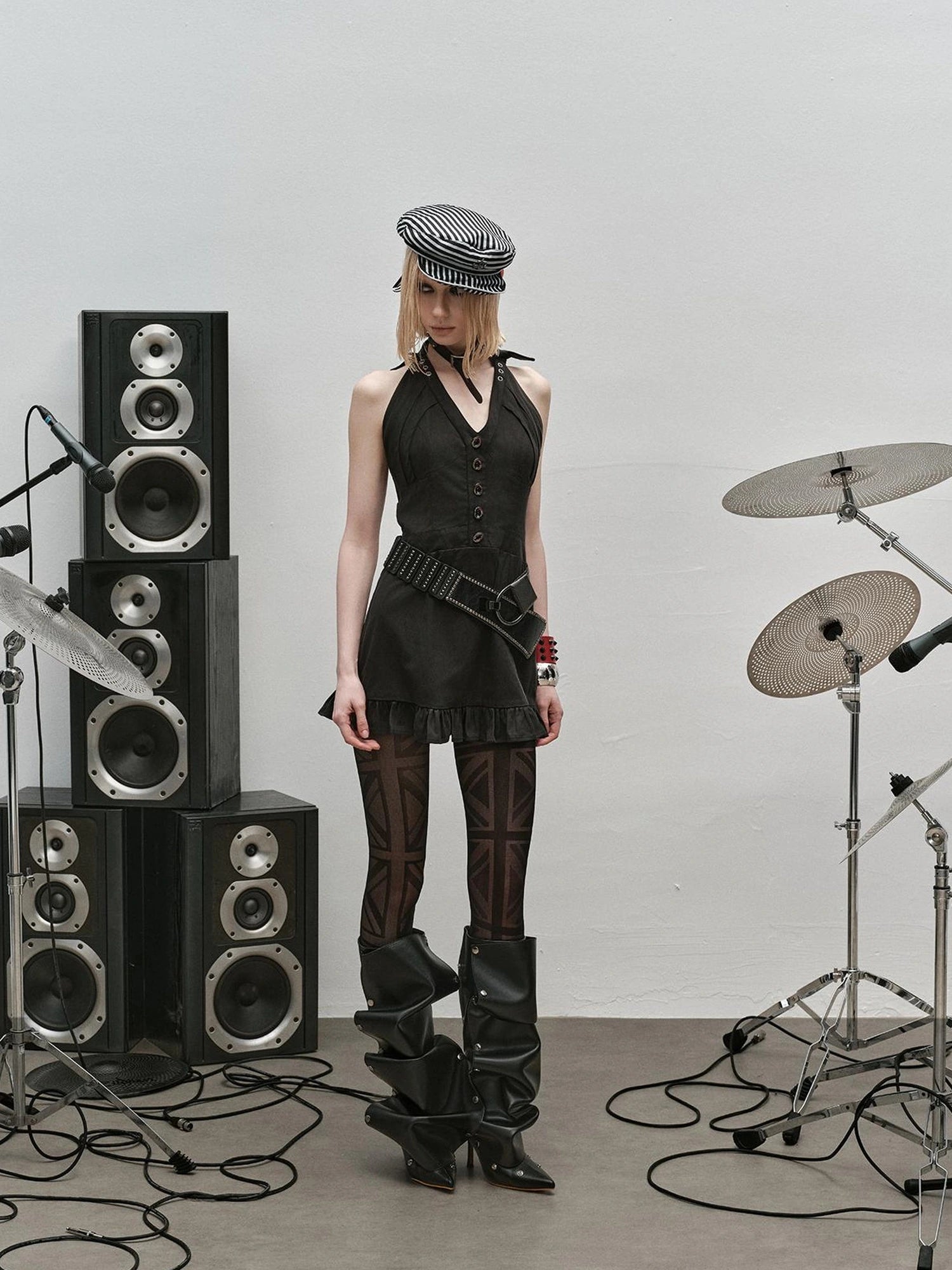 Outmode Vintage Y2k Dark Grunge Rock Mini Dress V-neck T-shirt Long Sleeve