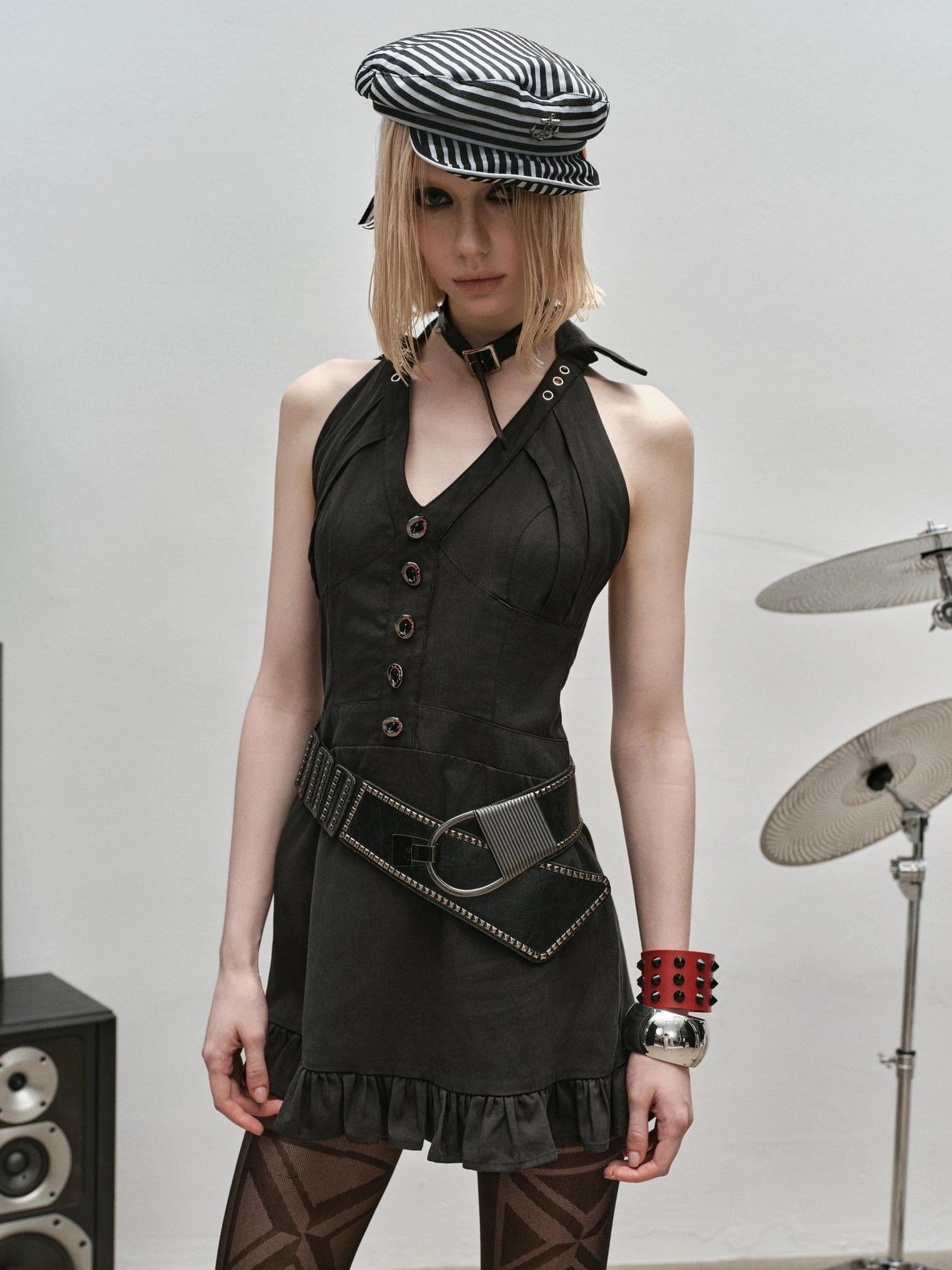 Outmode Vintage Y2k Dark Grunge Rock Mini Dress V-neck T-shirt Long Sleeve