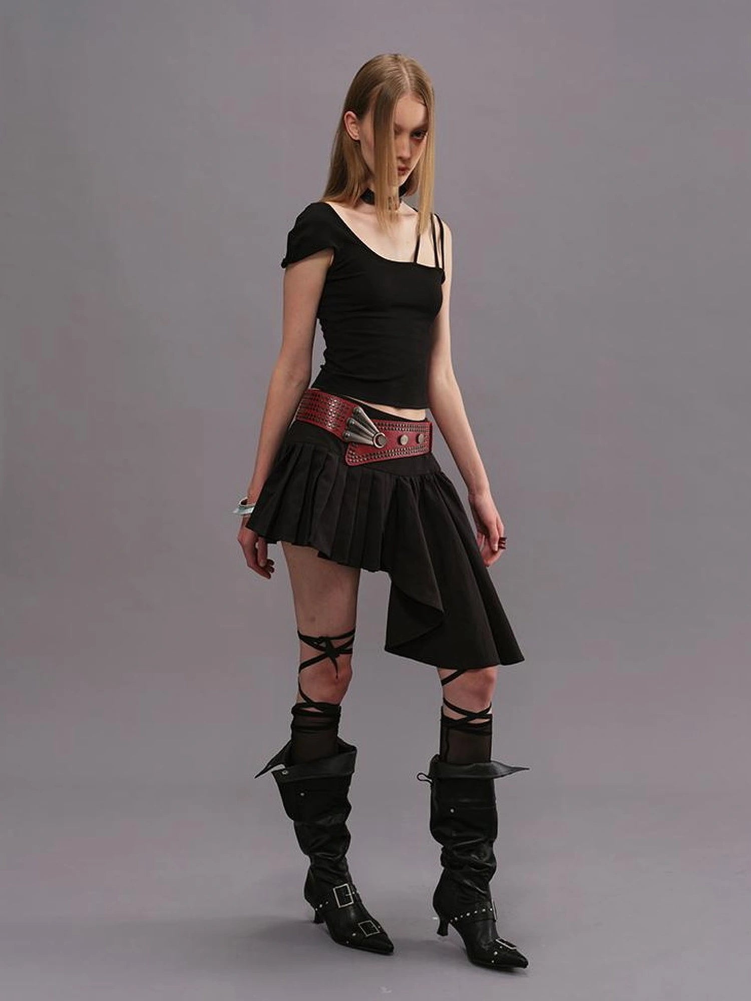 Outmode Watercolor Pleated Asymmetric Equestrian Skirt