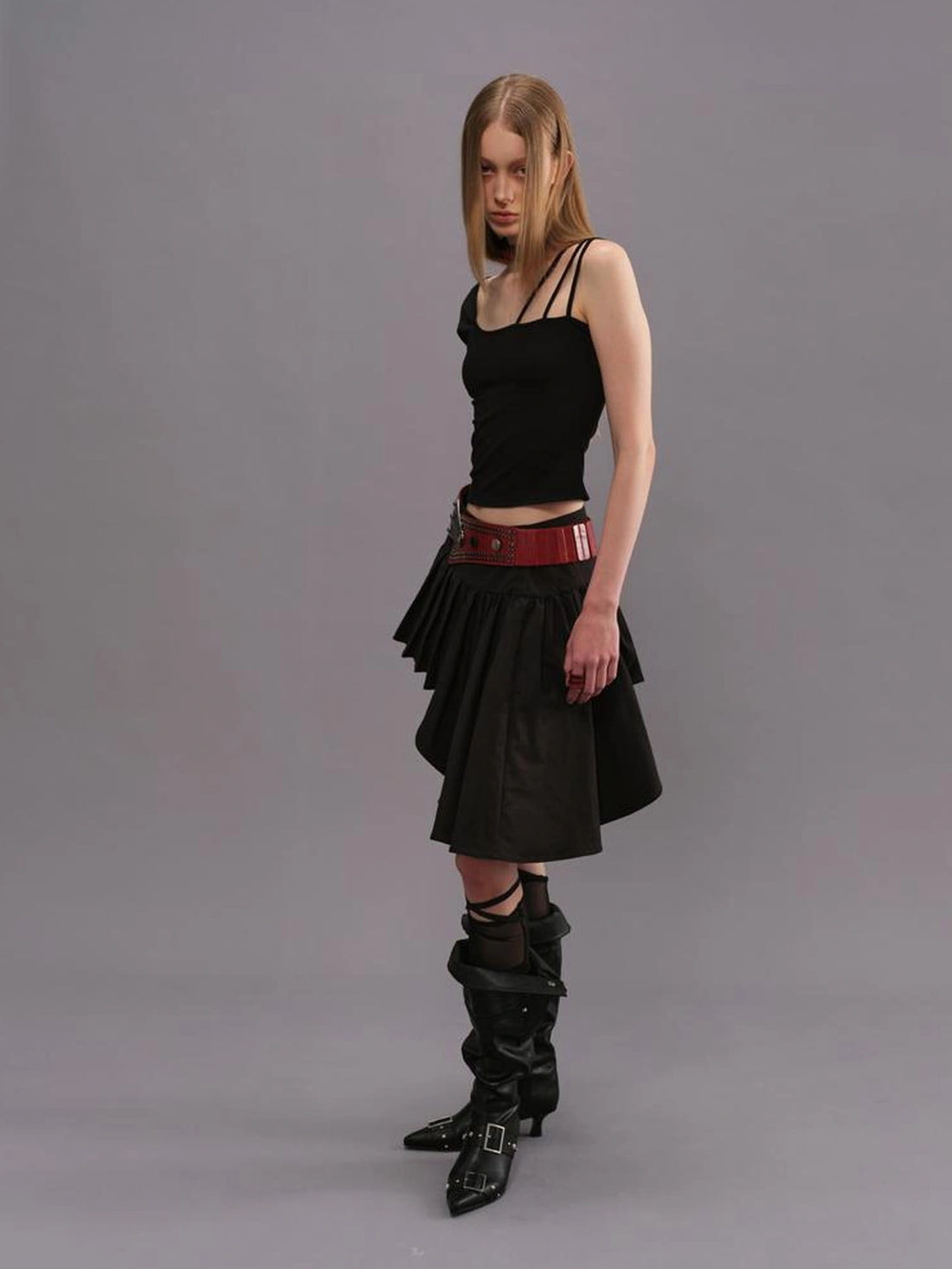 Outmode Watercolor Pleated Asymmetric Equestrian Skirt