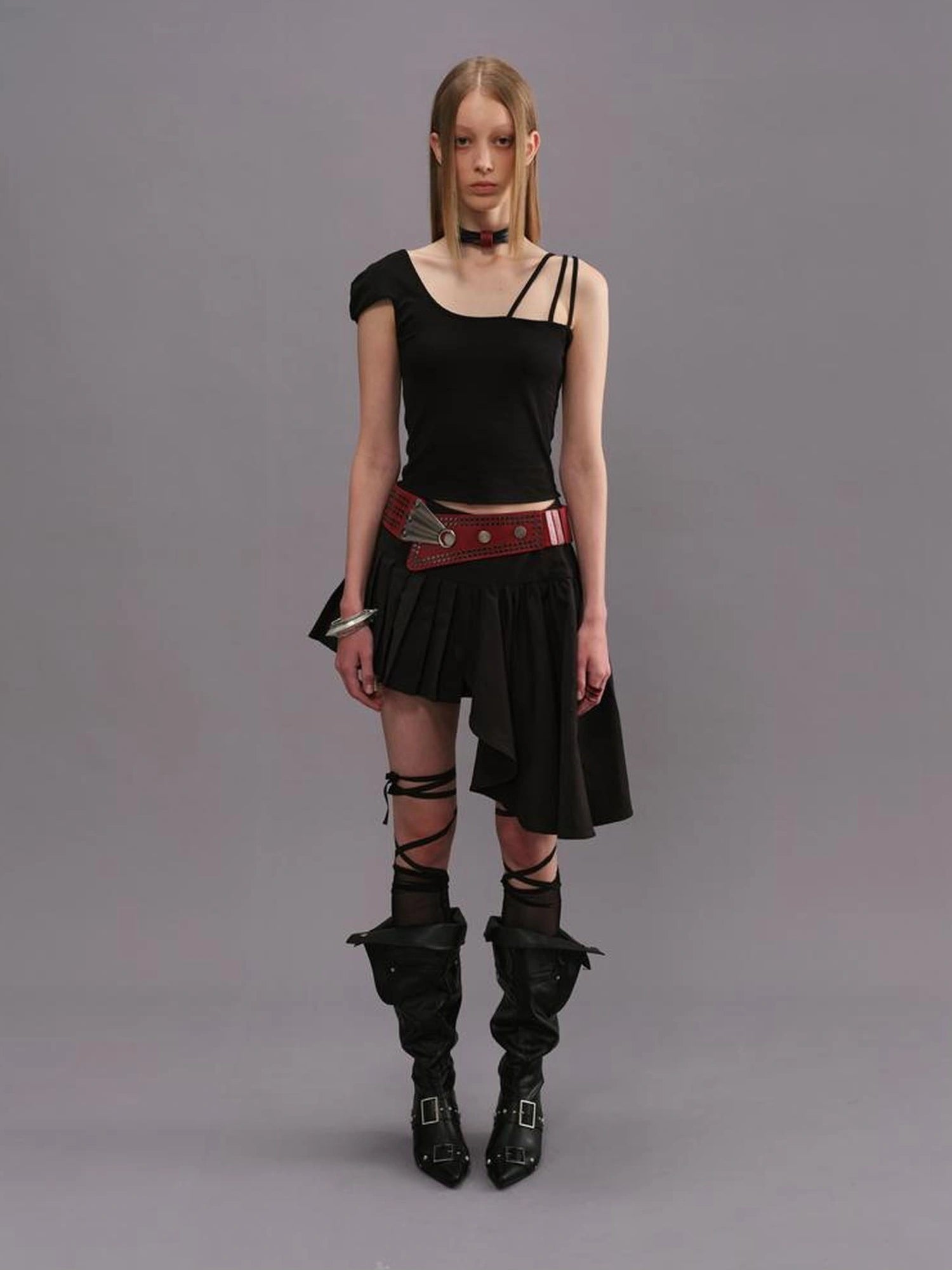 Outmode Watercolor Pleated Asymmetric Equestrian Skirt