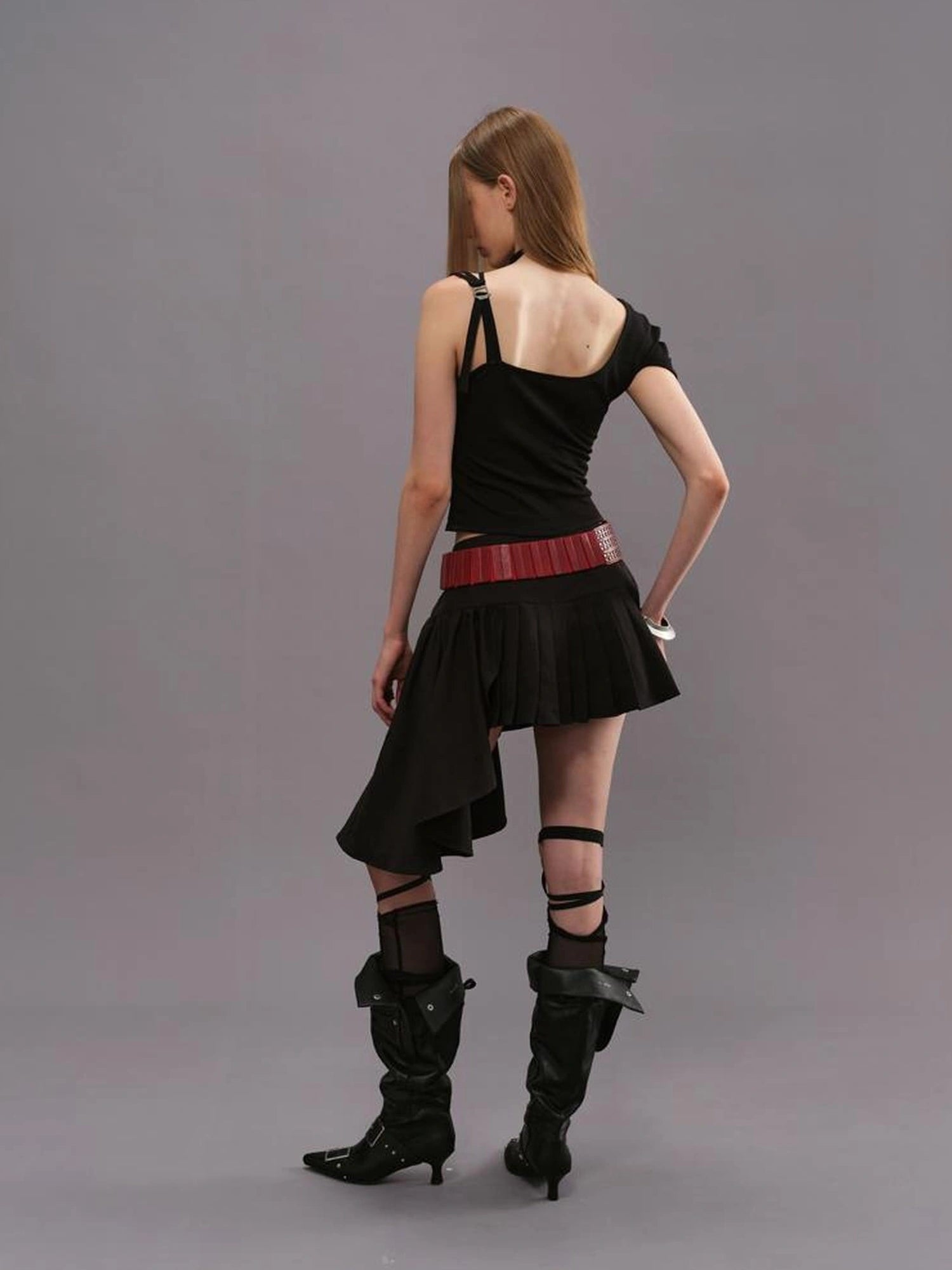 Outmode Watercolor Pleated Asymmetric Equestrian Skirt