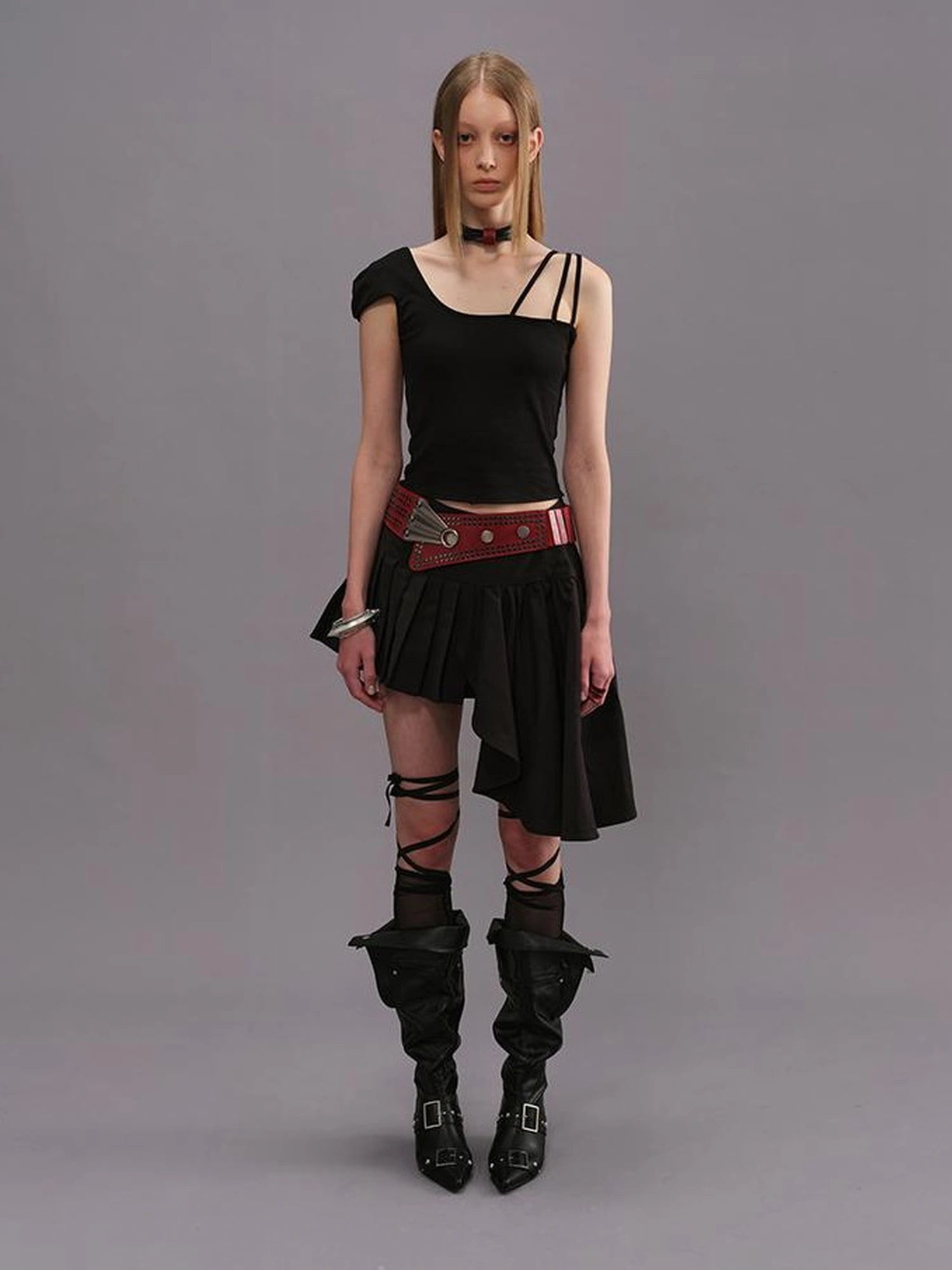 Outmode Watercolor Pleated Asymmetric Equestrian Skirt