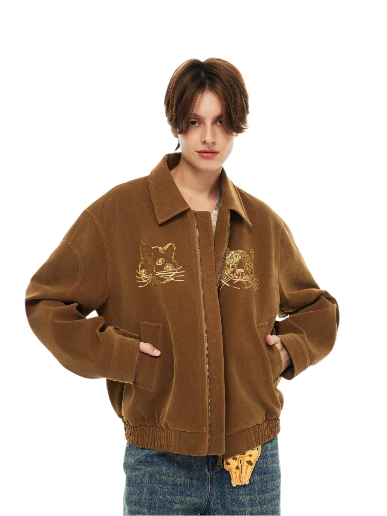 Outthe Blue Beaded Cat Head Embroidered Brown Retro Jacket  Used Suede Coat  Eco Friendly Leather Jacket 1