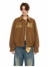 Outthe Blue Beaded Cat Head Embroidered Brown Retro Jacket  Used Suede Coat  Eco Friendly Leather Jacket 16