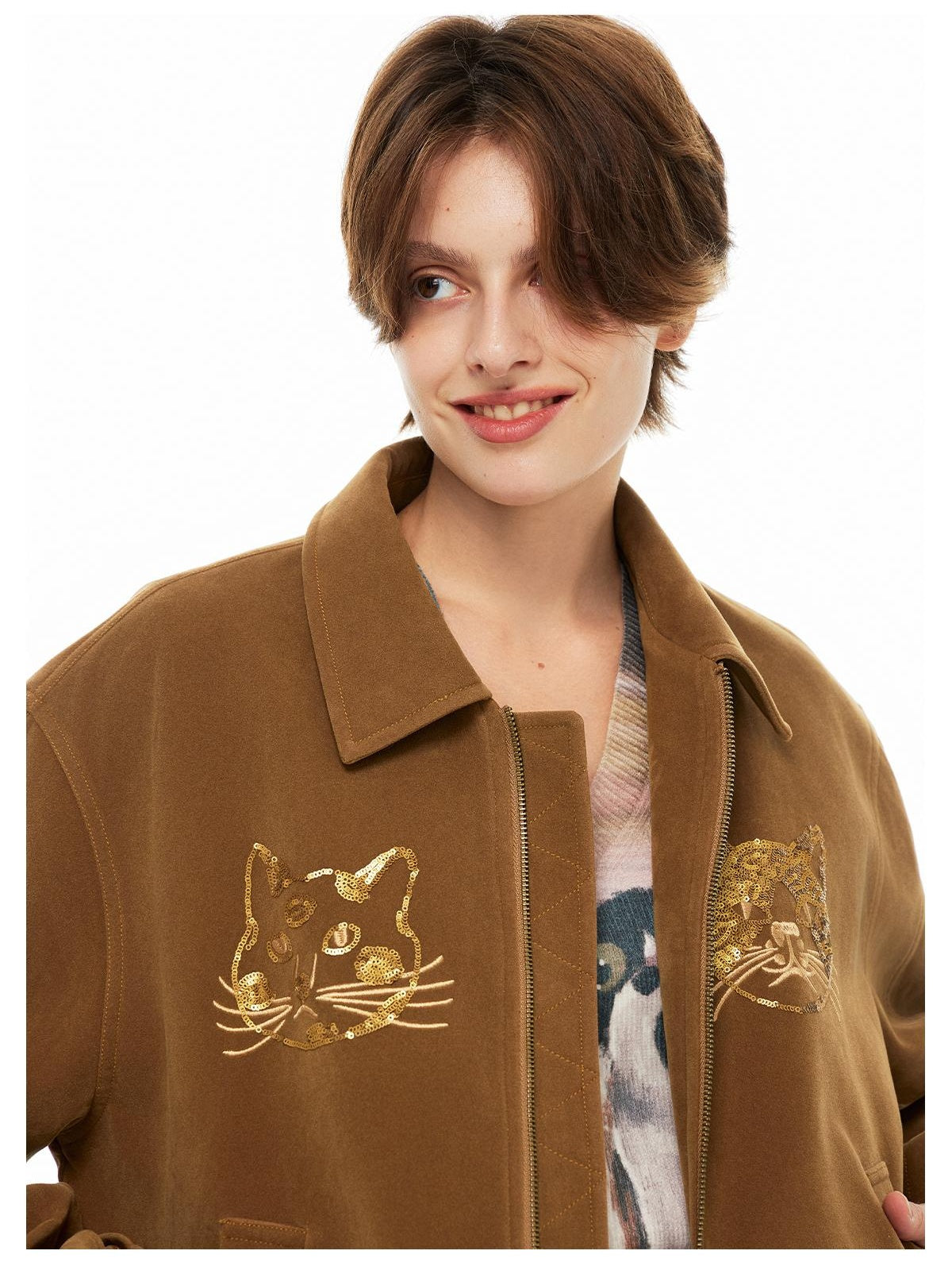 Outthe Blue Beaded Cat Head Embroidered Brown Retro Jacket  Used Suede Coat  Eco Friendly Leather Jacket 20