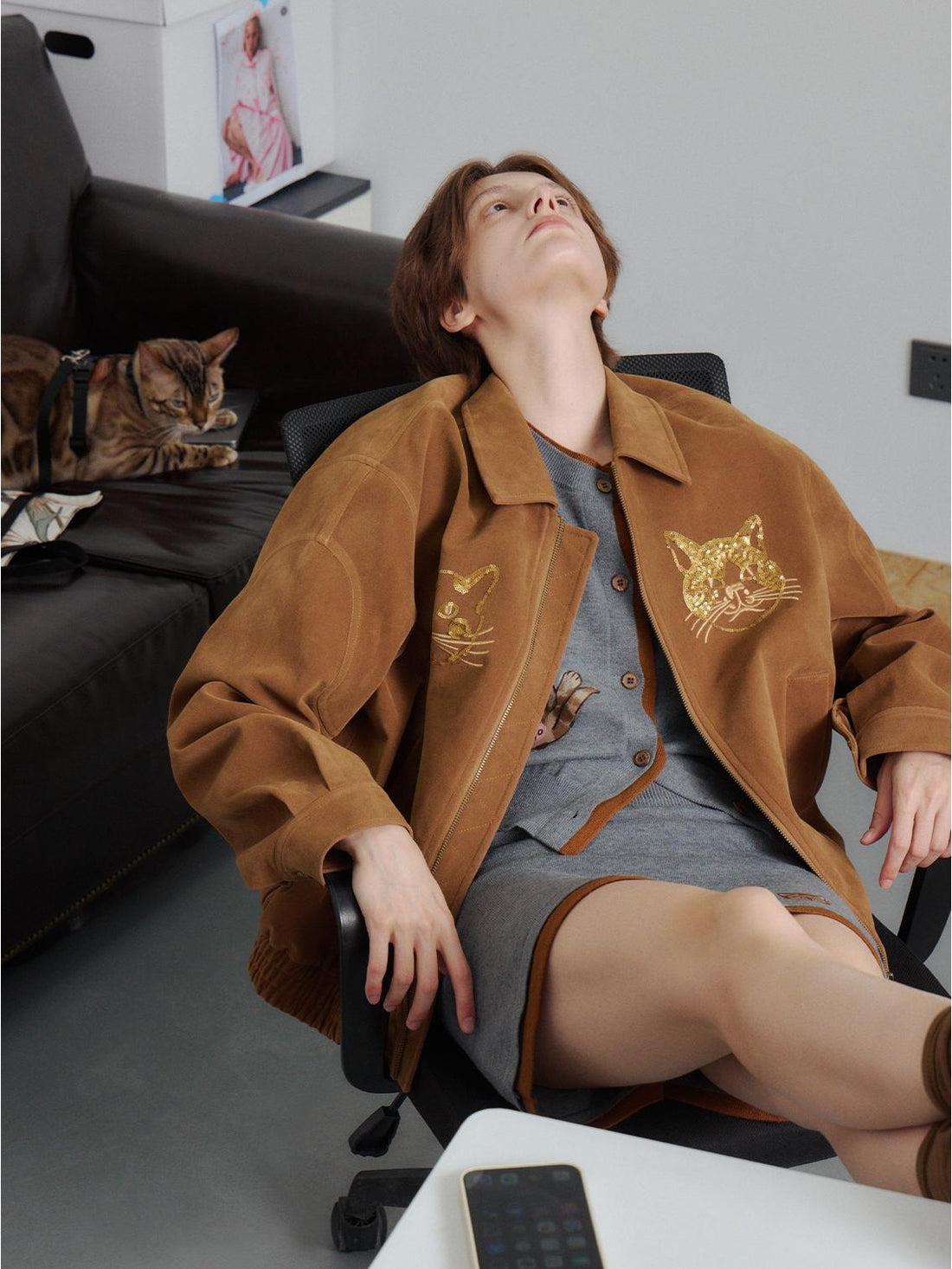 Outthe Blue Beaded Cat Head Embroidered Brown Retro Jacket  Used Suede Coat  Eco Friendly Leather Jacket 24