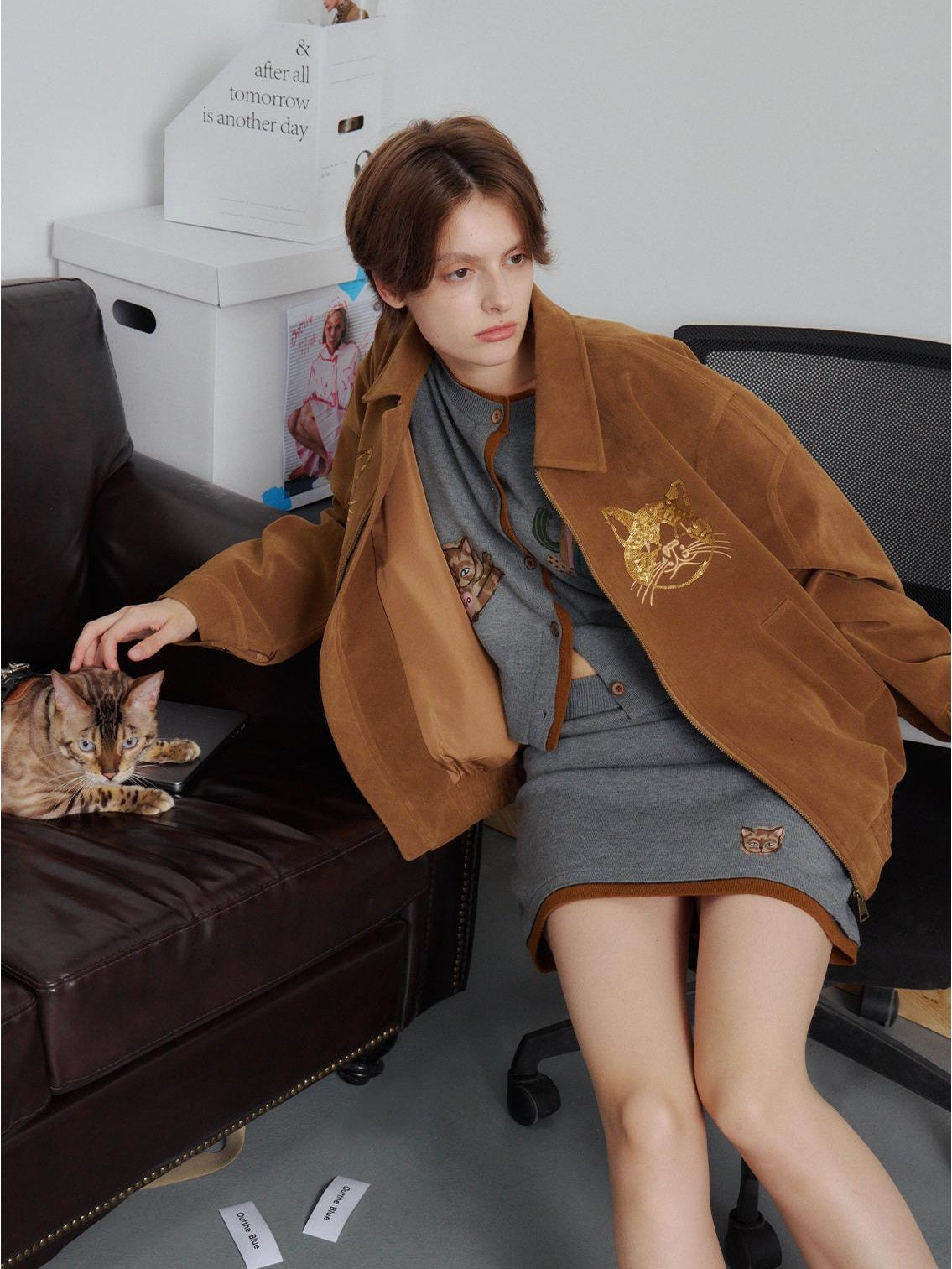 Outthe Blue Beaded Cat Head Embroidered Brown Retro Jacket  Used Suede Coat  Eco Friendly Leather Jacket 27