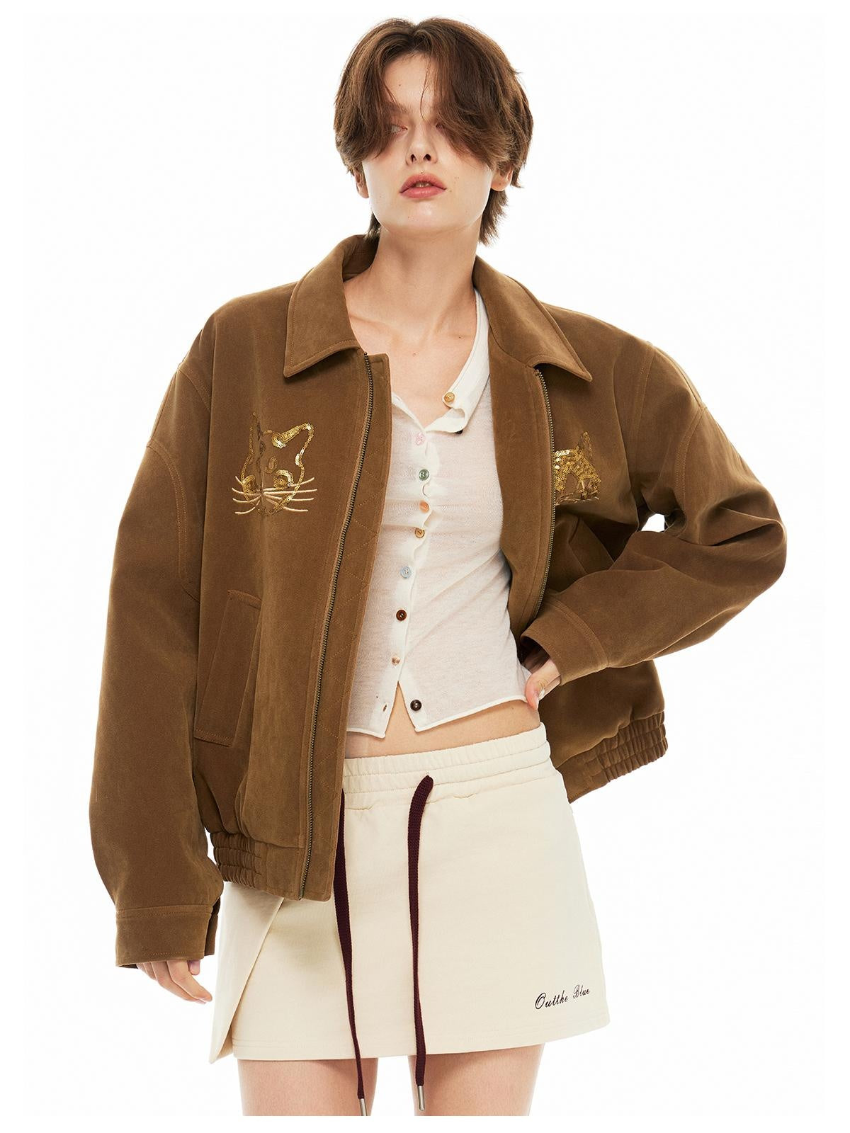 Outthe Blue Beaded Cat Head Embroidered Brown Retro Jacket  Used Suede Coat  Eco Friendly Leather Jacket 28