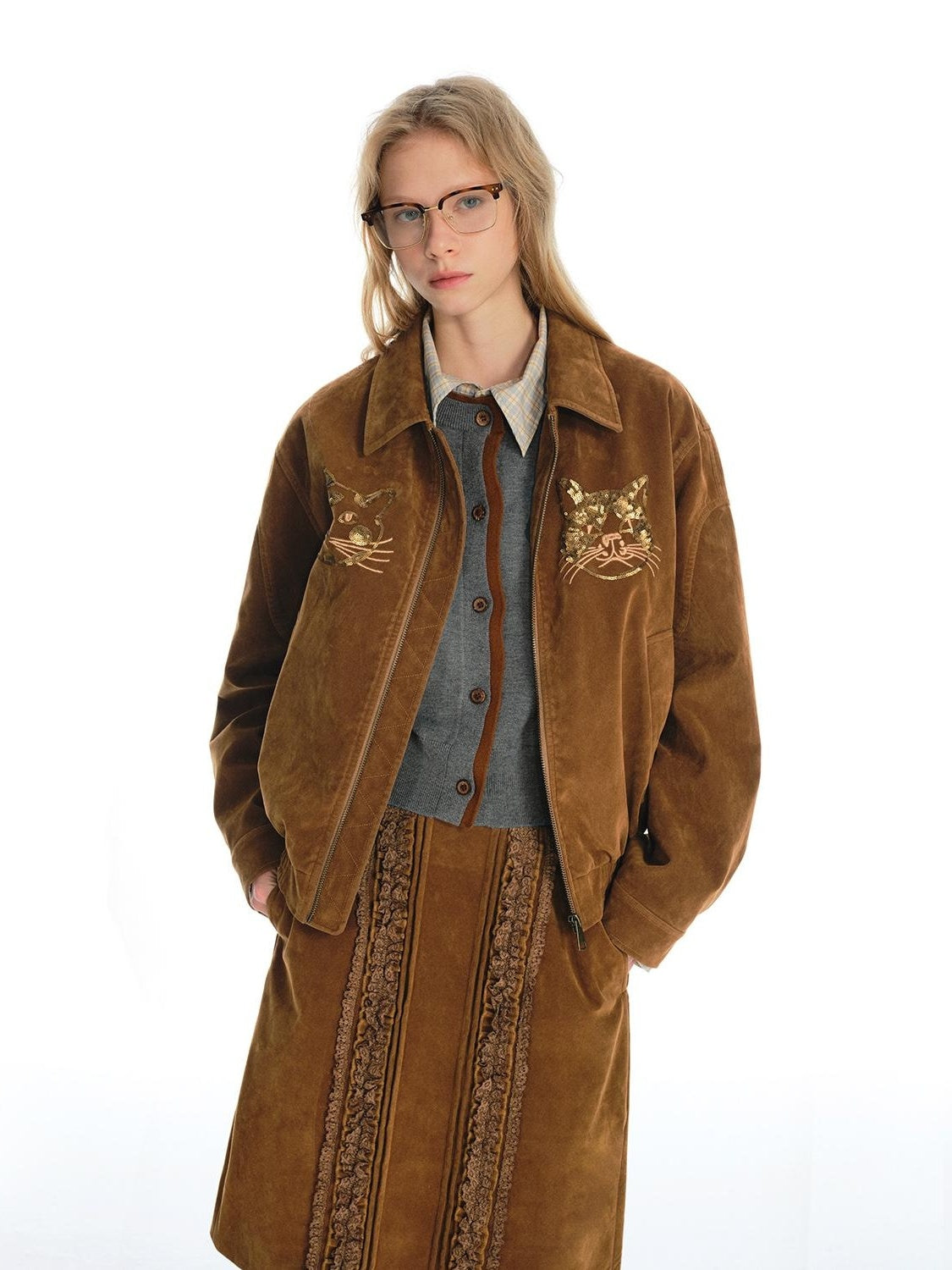 Outthe Blue Beaded Cat Head Embroidered Brown Retro Jacket  Used Suede Coat  Eco Friendly Leather Jacket 3