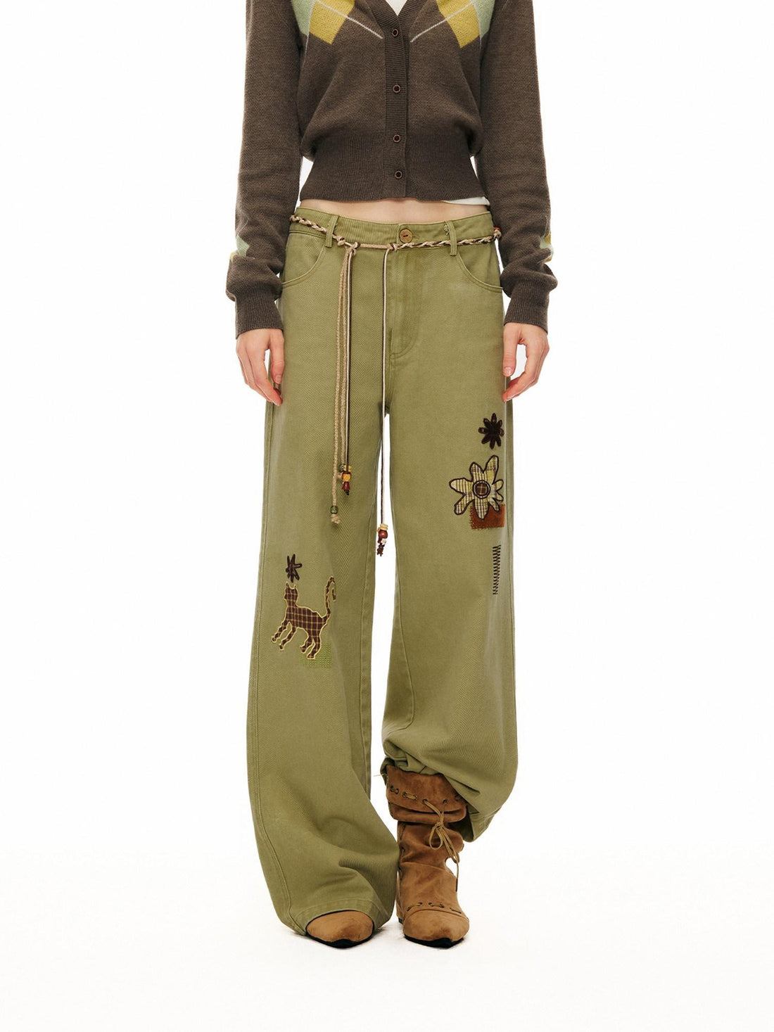 OuttheBlue 100% Cotton Animal Print Casual Natural Waist Button Fly Women Straight Pants