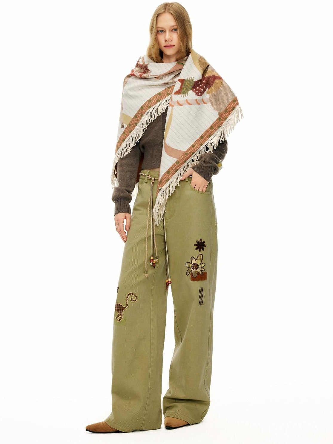 OuttheBlue 100% Cotton Animal Print Casual Natural Waist Button Fly Women Straight Pants