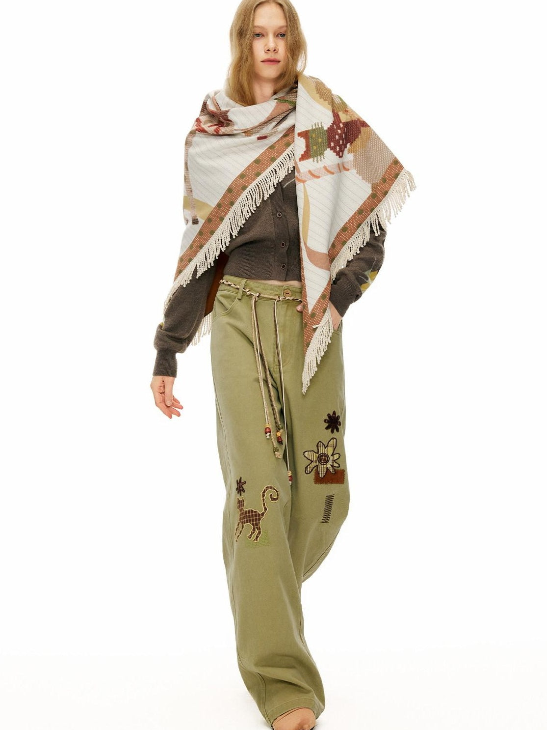 OuttheBlue 100% Cotton Animal Print Casual Natural Waist Button Fly Women Straight Pants