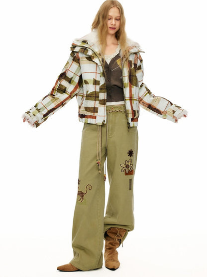 OuttheBlue 100% Cotton Animal Print Casual Natural Waist Button Fly Women Straight Pants