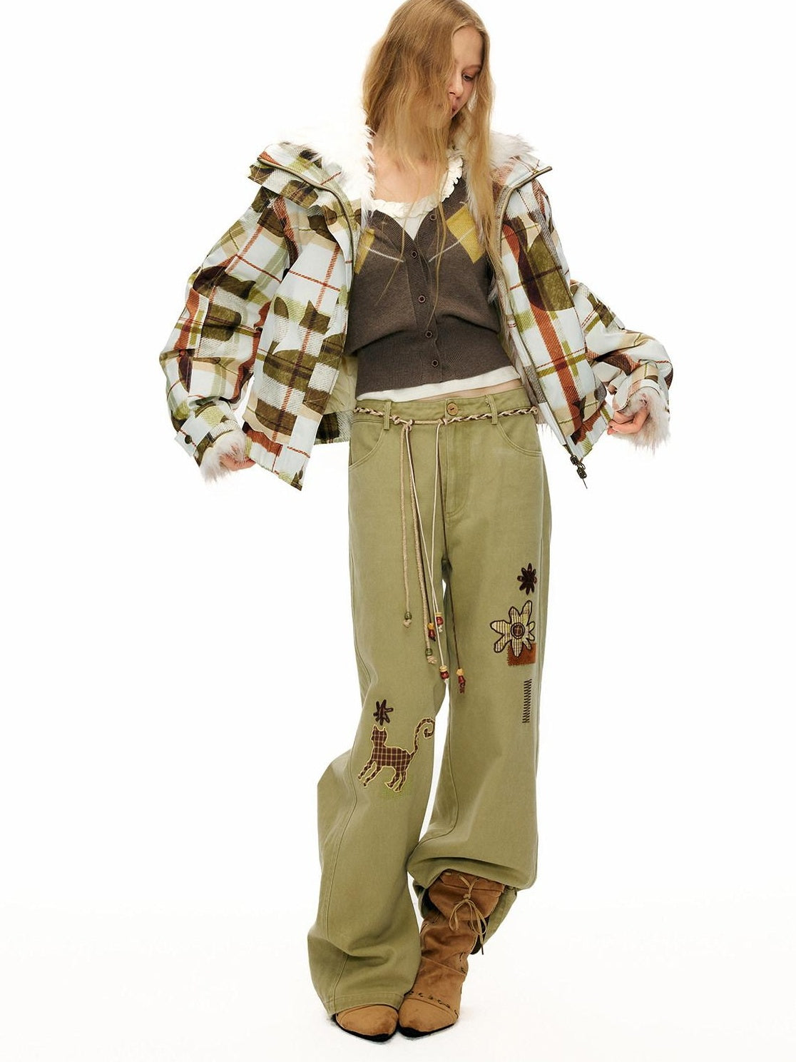 OuttheBlue 100% Cotton Animal Print Casual Natural Waist Button Fly Women Straight Pants