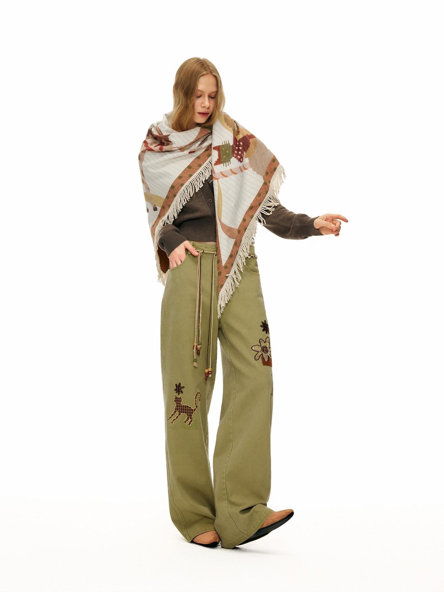 OuttheBlue 100% Cotton Animal Print Casual Natural Waist Button Fly Women Straight Pants
