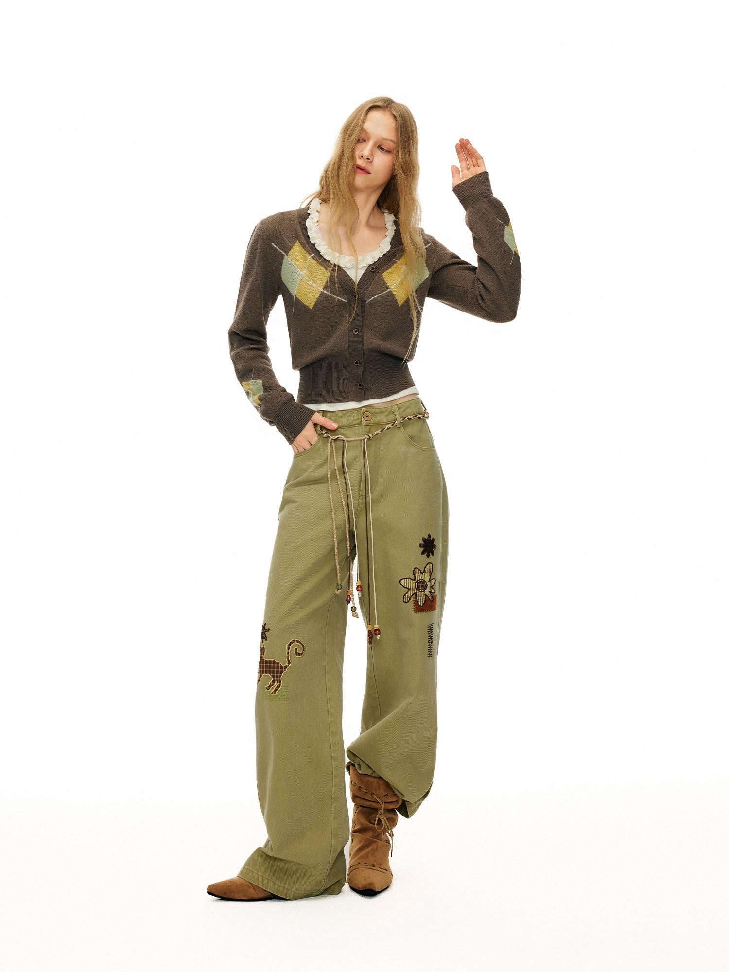 OuttheBlue 100% Cotton Animal Print Casual Natural Waist Button Fly Women Straight Pants