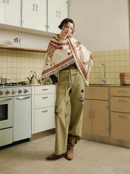 OuttheBlue 100% Cotton Animal Print Straight Leg Button Fly Women Pants