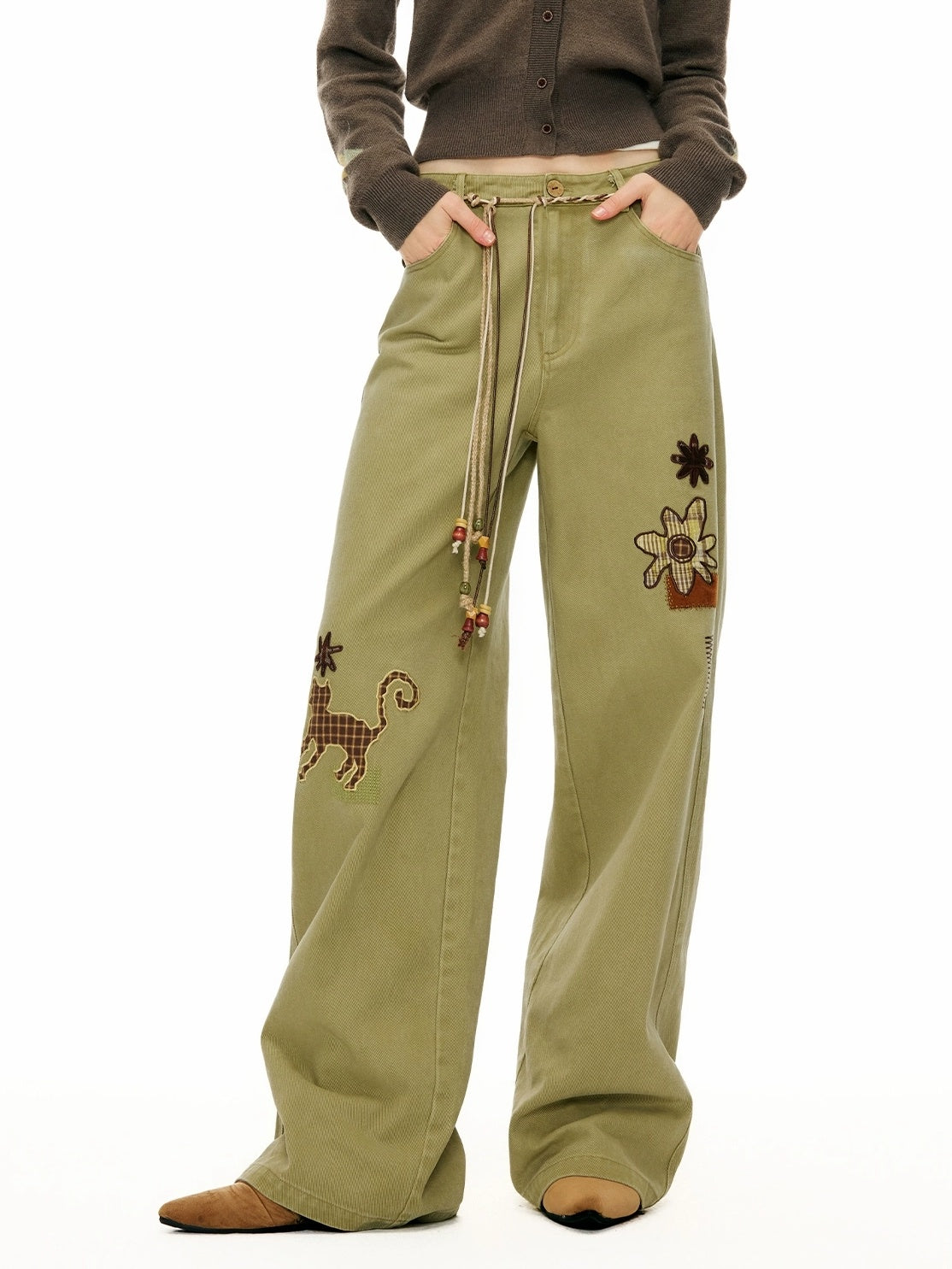 OuttheBlue 100% Cotton Animal Print Straight Leg Button Fly Women Pants