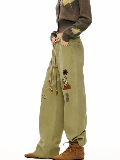 OuttheBlue 100% Cotton Animal Print Straight Leg Button Fly Women Pants