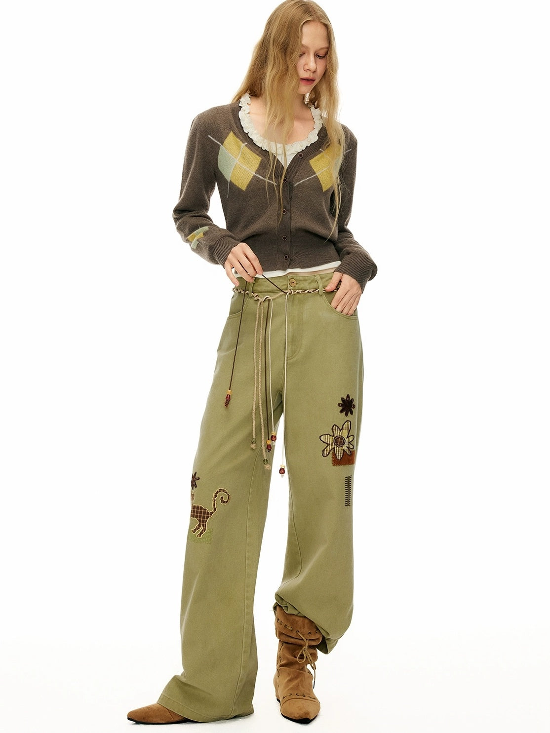 OuttheBlue 100% Cotton Animal Print Straight Leg Button Fly Women Pants