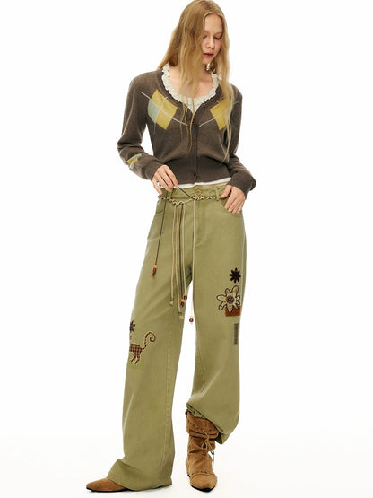 OuttheBlue 100% Cotton Animal Print Straight Leg Button Fly Women Pants