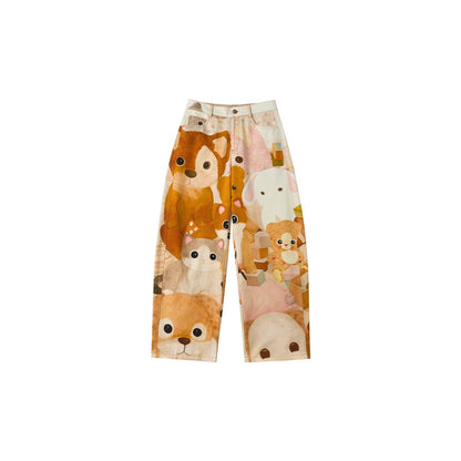 OuttheBlue 100% Cotton Cartoon Animal Print Mid Rise Button Fly Straight Leg Women Pants