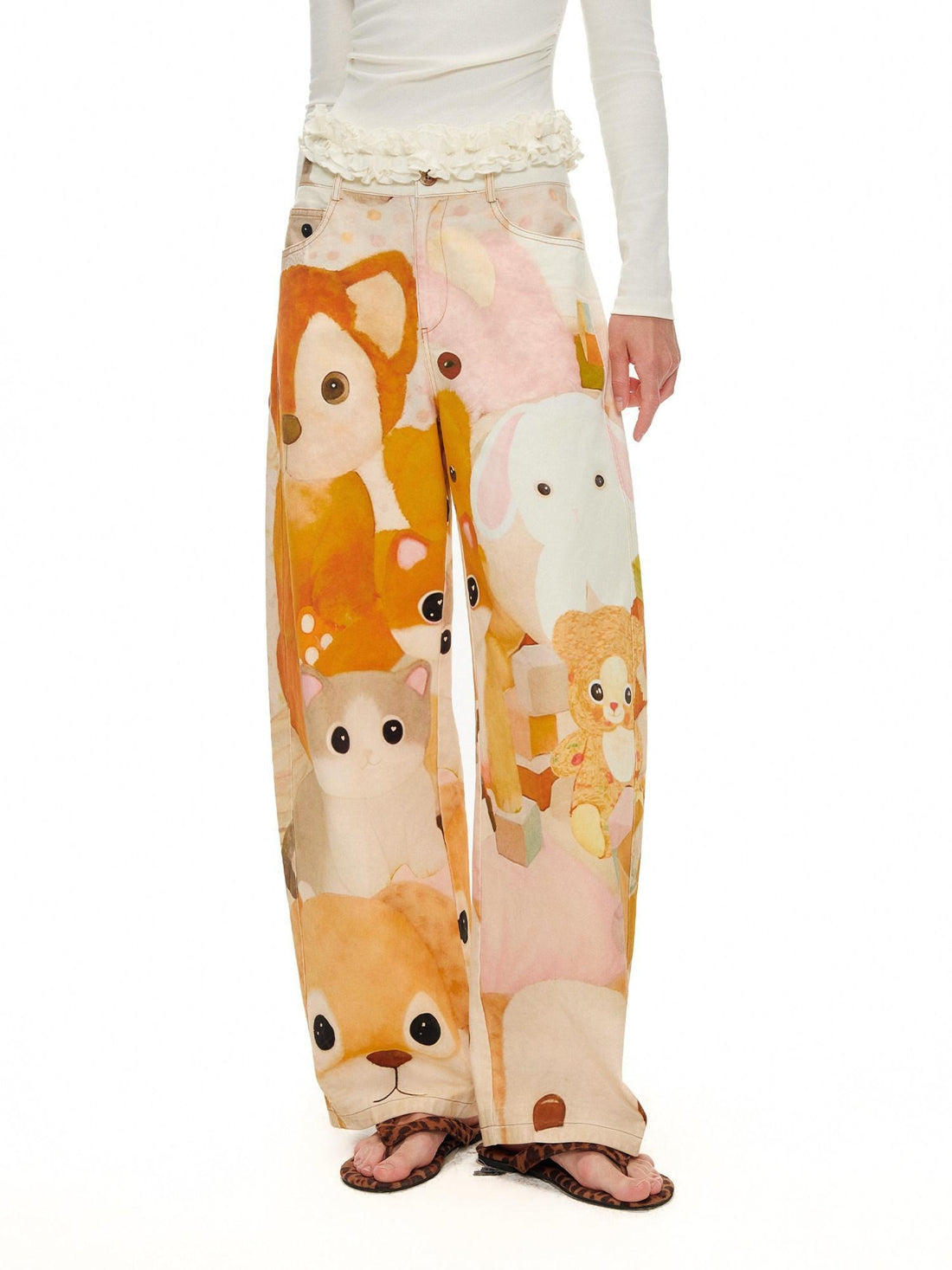 OuttheBlue 100% Cotton Cartoon Animal Print Mid Rise Button Fly Straight Leg Women Pants
