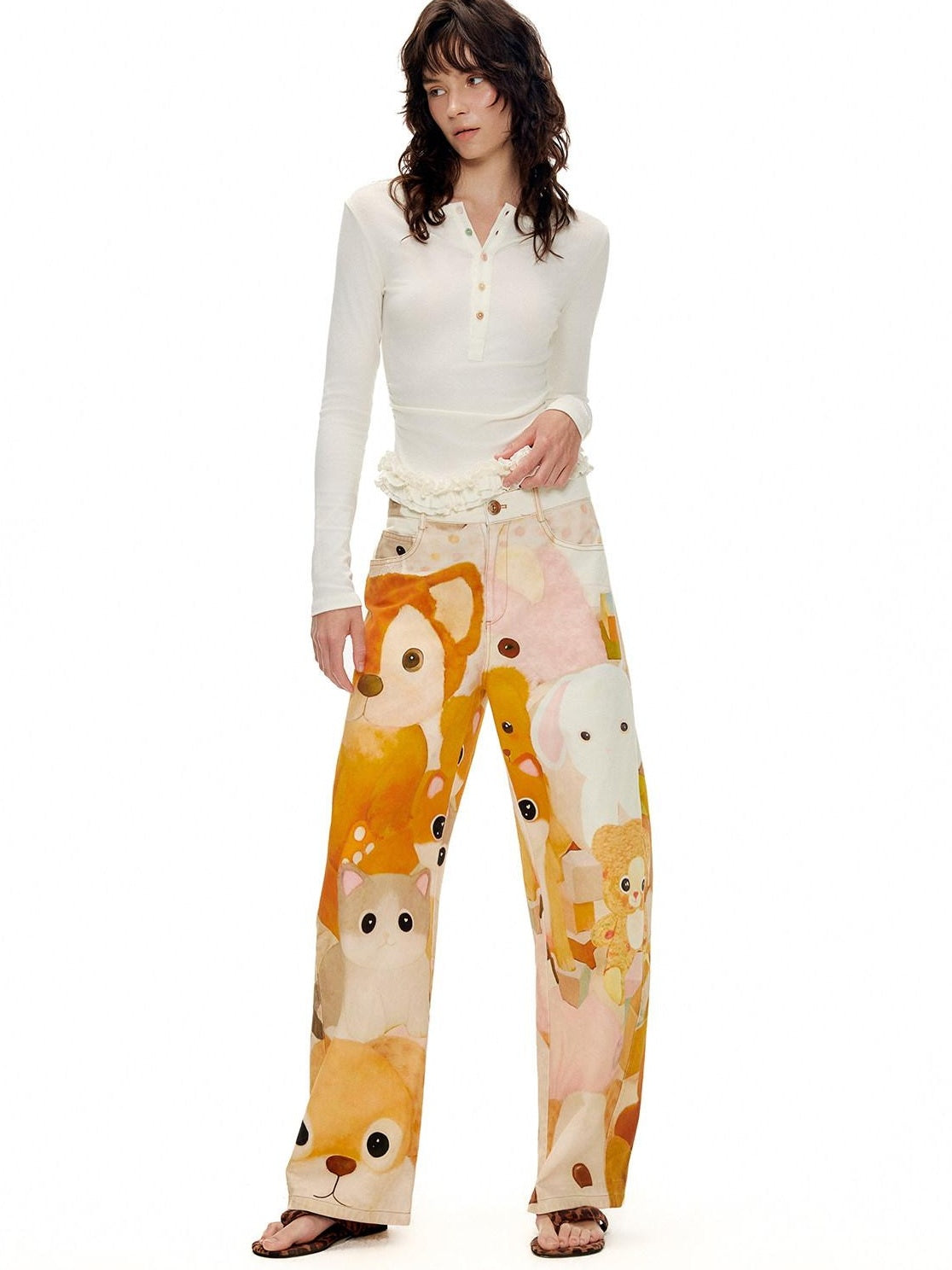 OuttheBlue 100% Cotton Cartoon Animal Print Mid Rise Button Fly Straight Leg Women Pants