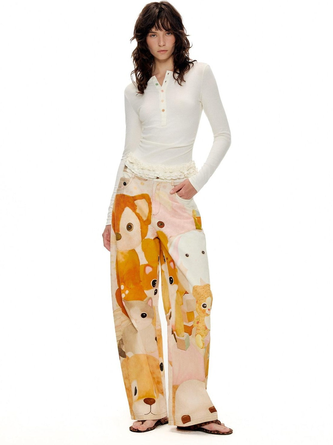 OuttheBlue 100% Cotton Cartoon Animal Print Mid Rise Button Fly Straight Leg Women Pants
