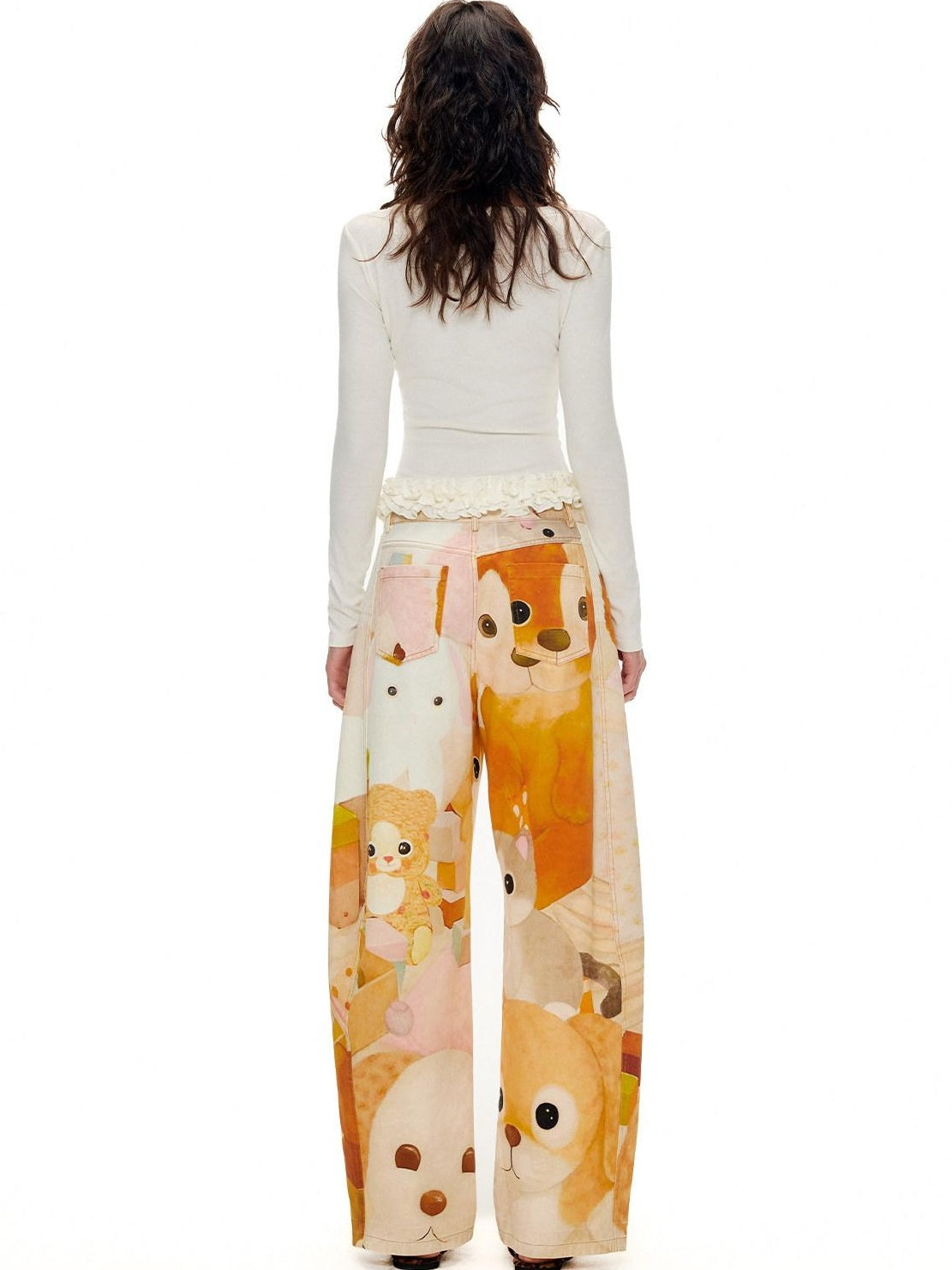 OuttheBlue 100% Cotton Cartoon Animal Print Mid Rise Button Fly Straight Leg Women Pants