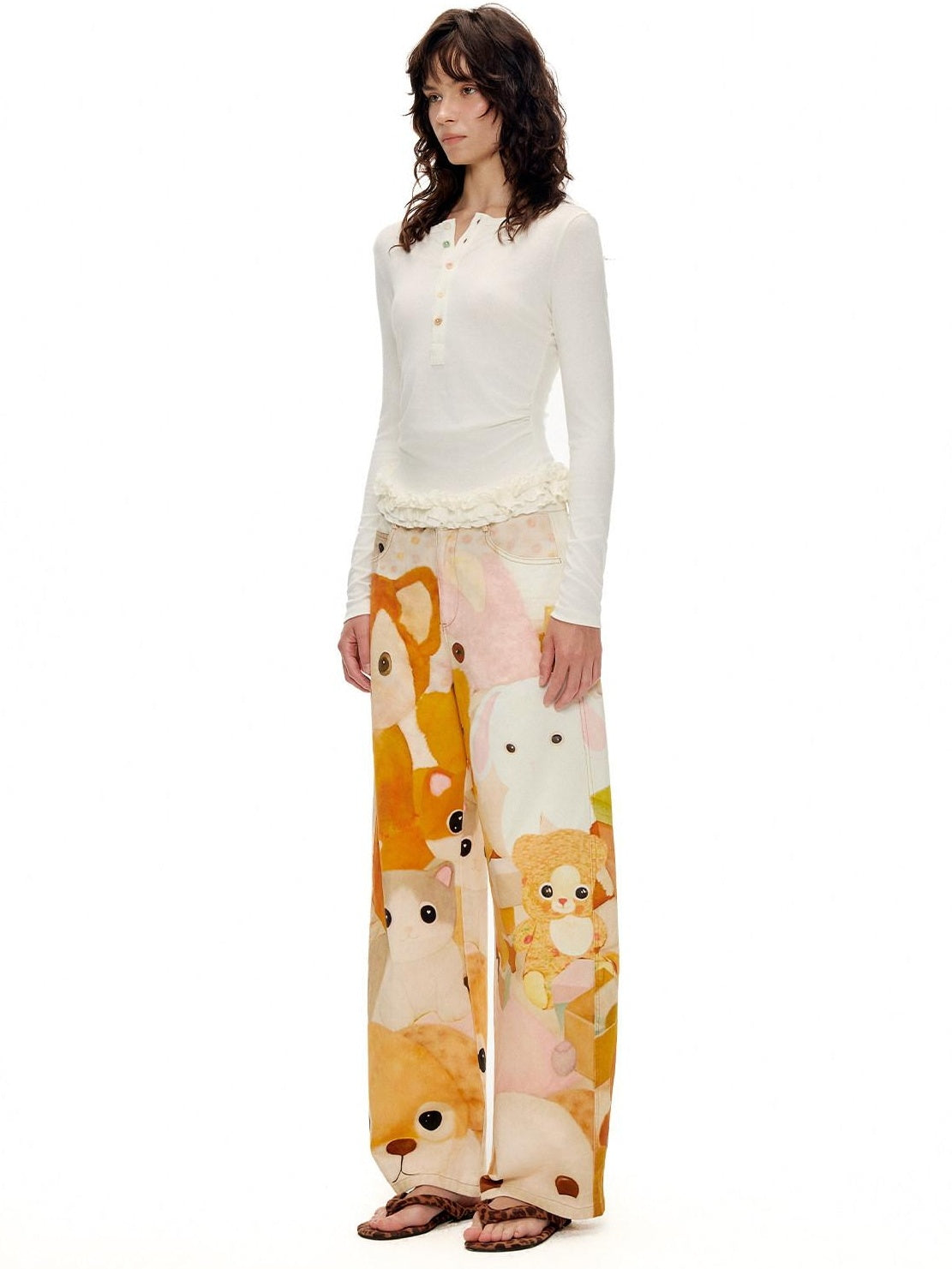 OuttheBlue 100% Cotton Cartoon Animal Print Mid Rise Button Fly Straight Leg Women Pants
