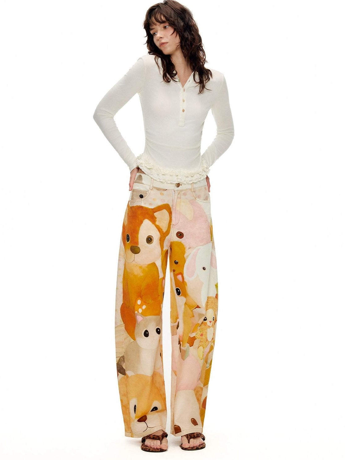 OuttheBlue 100% Cotton Cartoon Animal Print Mid Rise Button Fly Straight Leg Women Pants