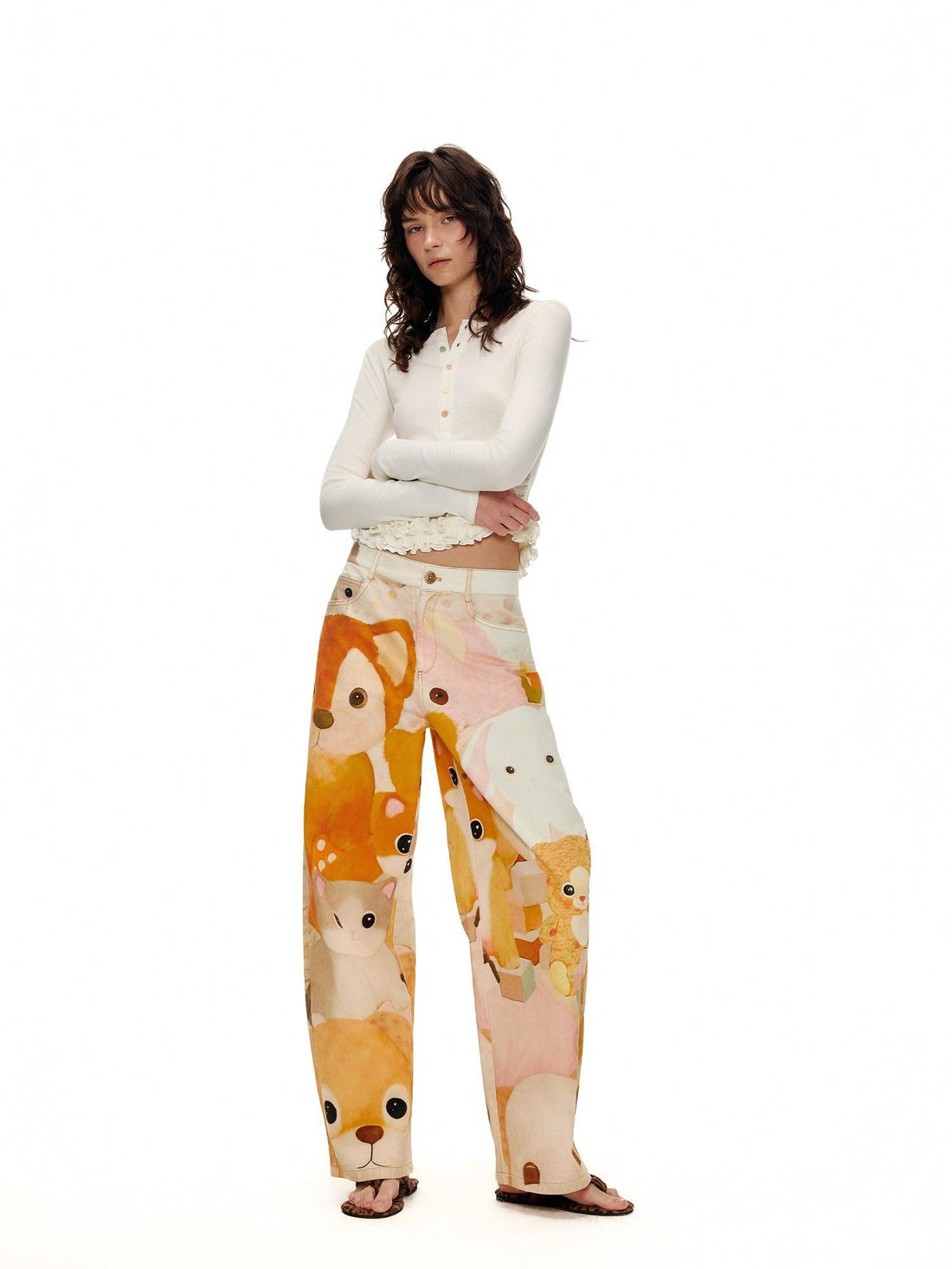OuttheBlue 100% Cotton Cartoon Animal Print Mid Rise Button Fly Straight Leg Women Pants