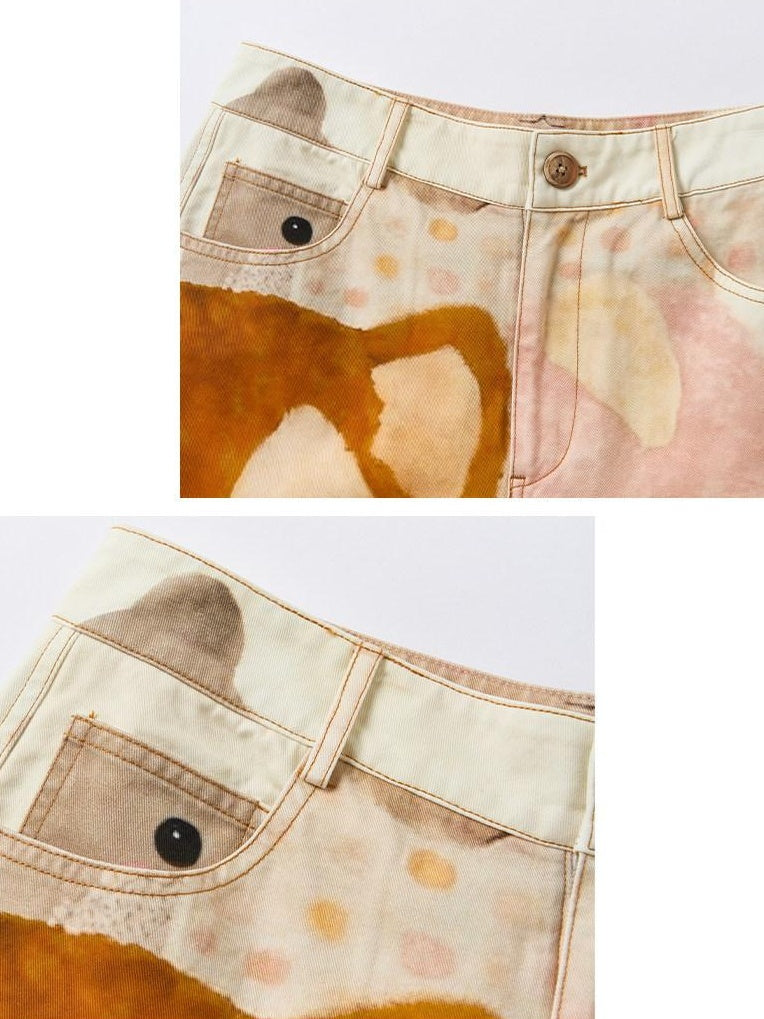 OuttheBlue 100% Cotton Cartoon Animal Print Mid Rise Button Fly Straight Leg Women Pants