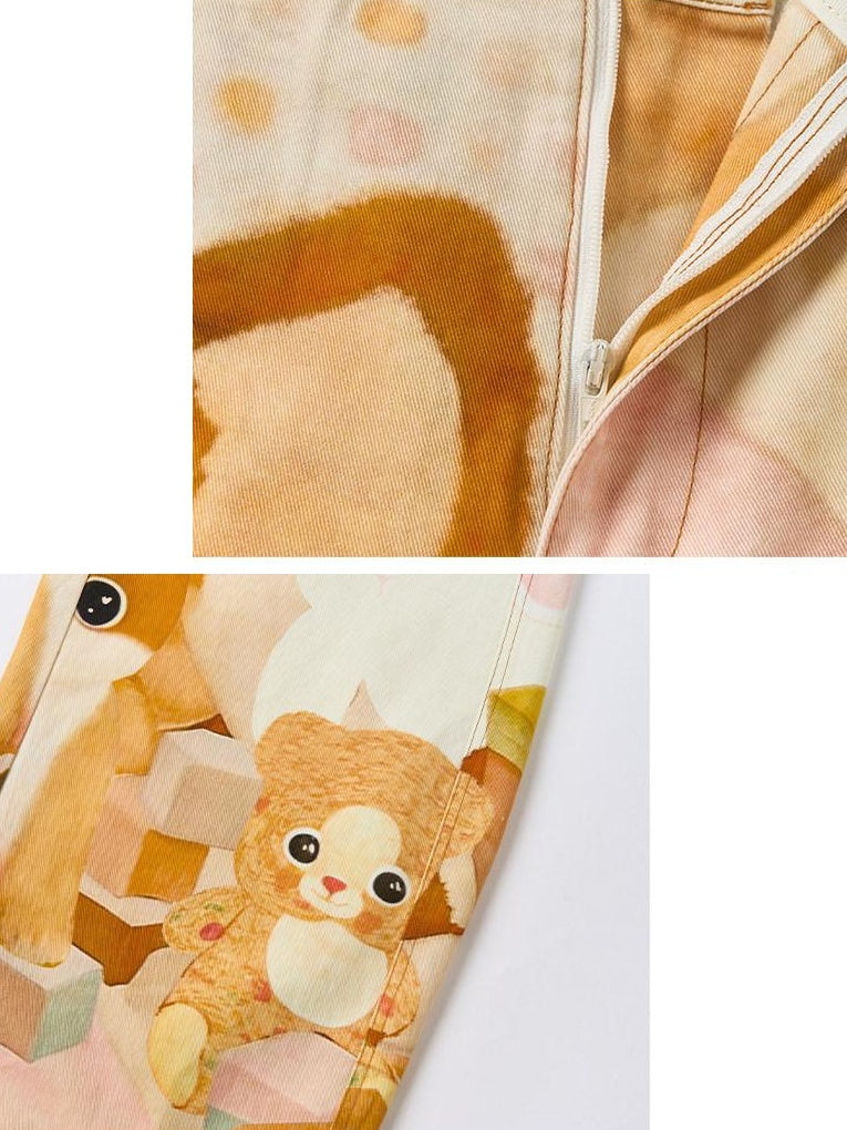 OuttheBlue 100% Cotton Cartoon Animal Print Mid Rise Button Fly Straight Leg Women Pants