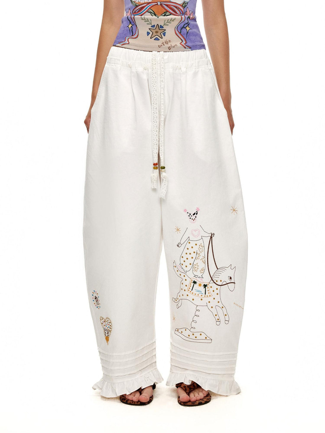 OuttheBlue 100% Cotton Embroidered Lace Casual Curved Leg Women Character Print Chinos