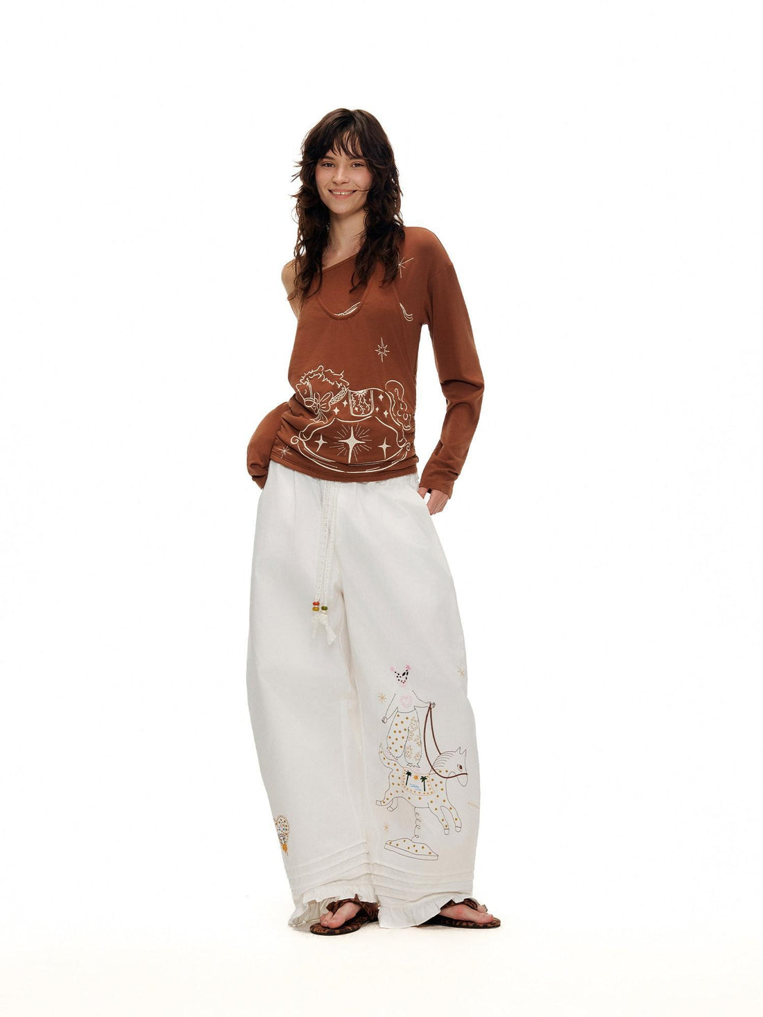 OuttheBlue 100% Cotton Embroidered Lace Casual Curved Leg Women Character Print Chinos