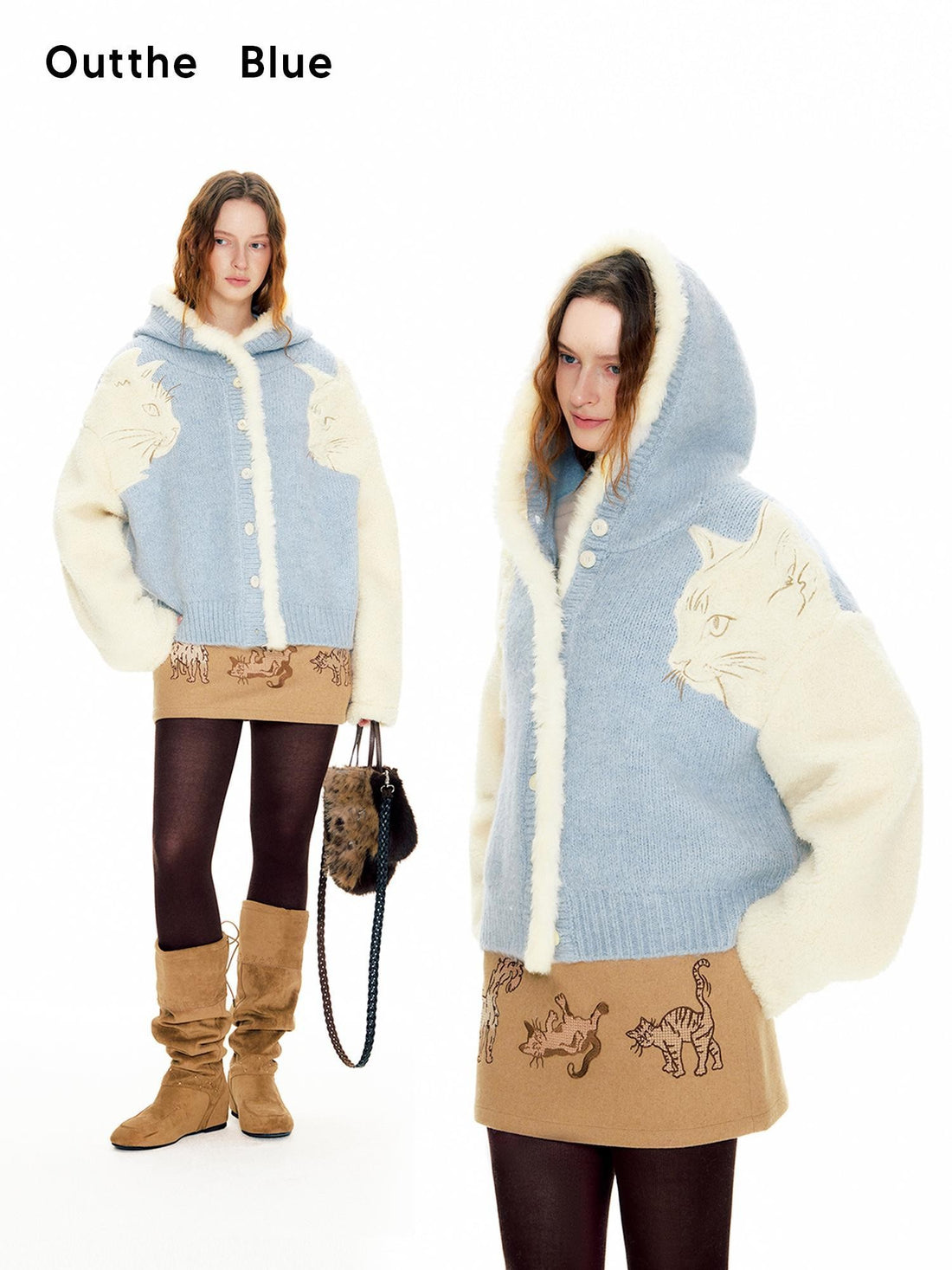 OuttheBlue 3d Cat Applique Hooded Wool Blend Women&