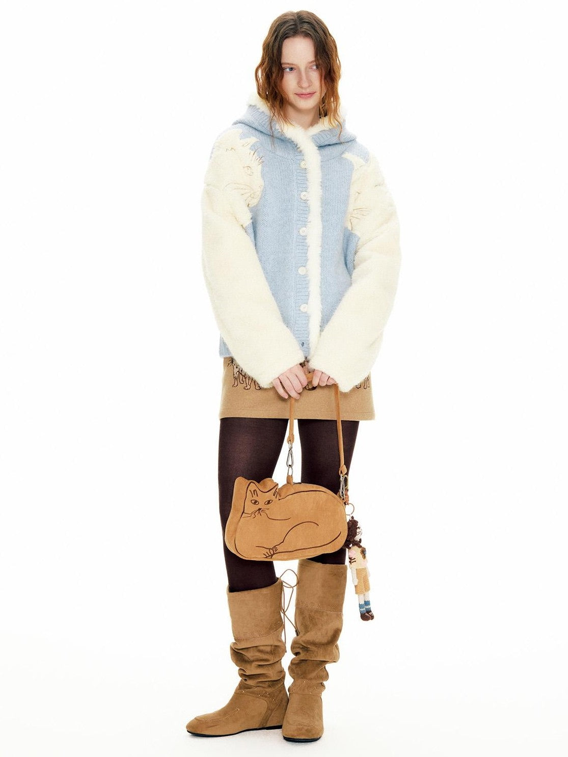 OuttheBlue 3d Cat Applique Hooded Wool Blend Women&