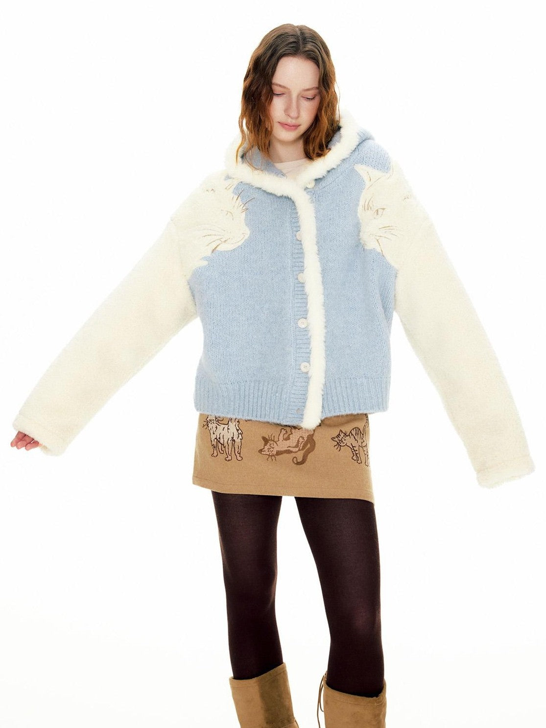 OuttheBlue 3d Cat Applique Hooded Wool Blend Women&