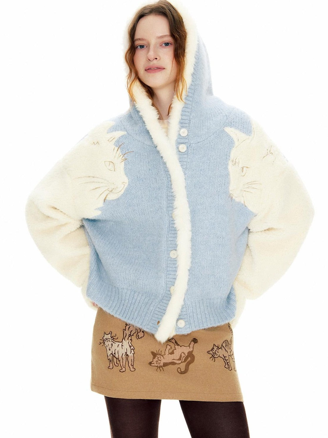 OuttheBlue 3d Cat Applique Hooded Wool Blend Women&