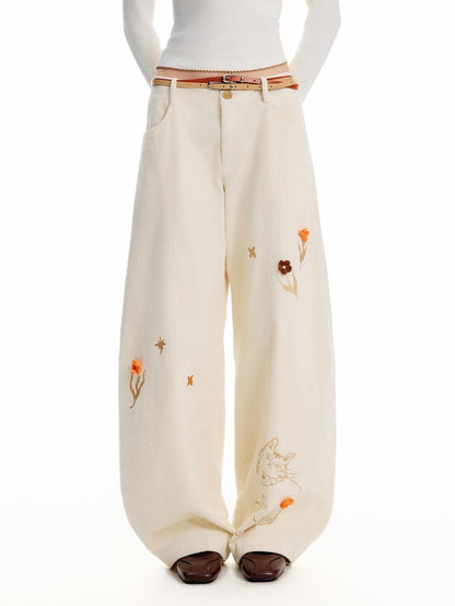 OuttheBlue 3d Crochet Floral Embroidered Corduroy Wide Leg Women&