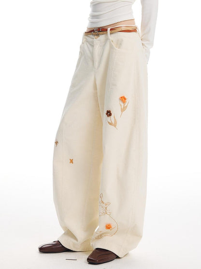 OuttheBlue 3d Crochet Floral Embroidered Corduroy Wide Leg Women&